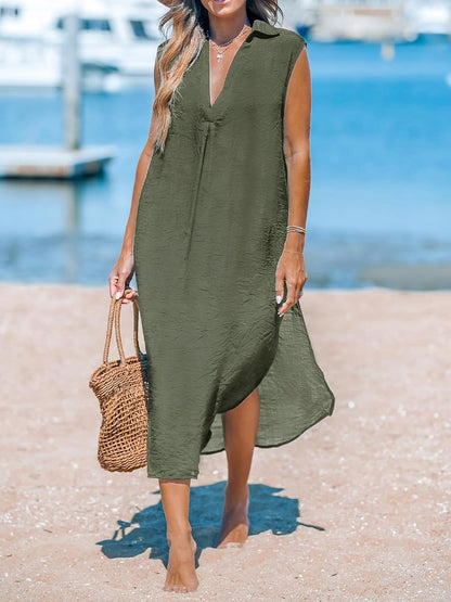 CUPSHE Women's Swimsuit Coverup Casual Sleeveless Side Split Long Cardigans V Neck Midi Beach Dress - 7DAY'S