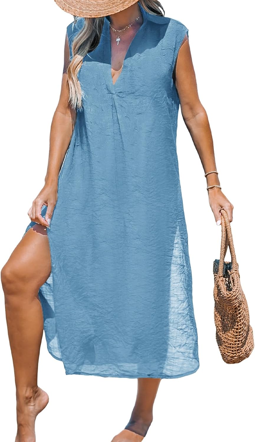 CUPSHE Women's Swimsuit Coverup Casual Sleeveless Side Split Long Cardigans V Neck Midi Beach Dress - 7DAY'S