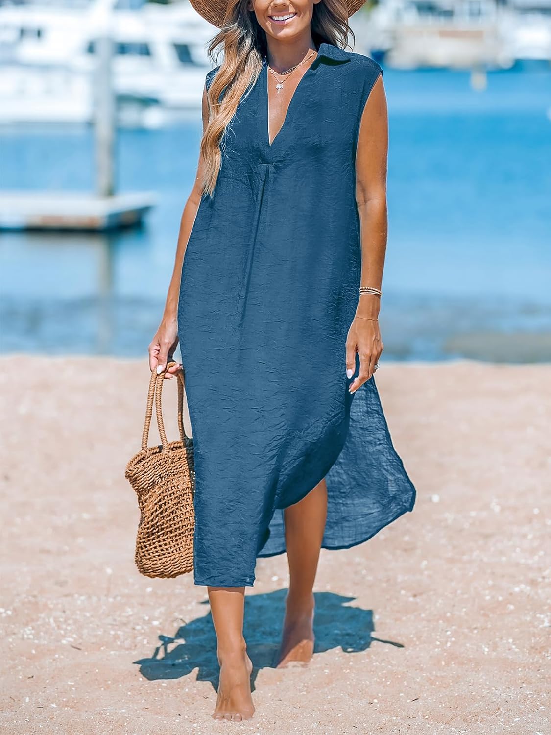 CUPSHE Women's Swimsuit Coverup Casual Sleeveless Side Split Long Cardigans V Neck Midi Beach Dress - 7DAY'S