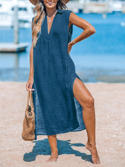 CUPSHE Women's Swimsuit Coverup Casual Sleeveless Side Split Long Cardigans V Neck Midi Beach Dress - 7DAY'S