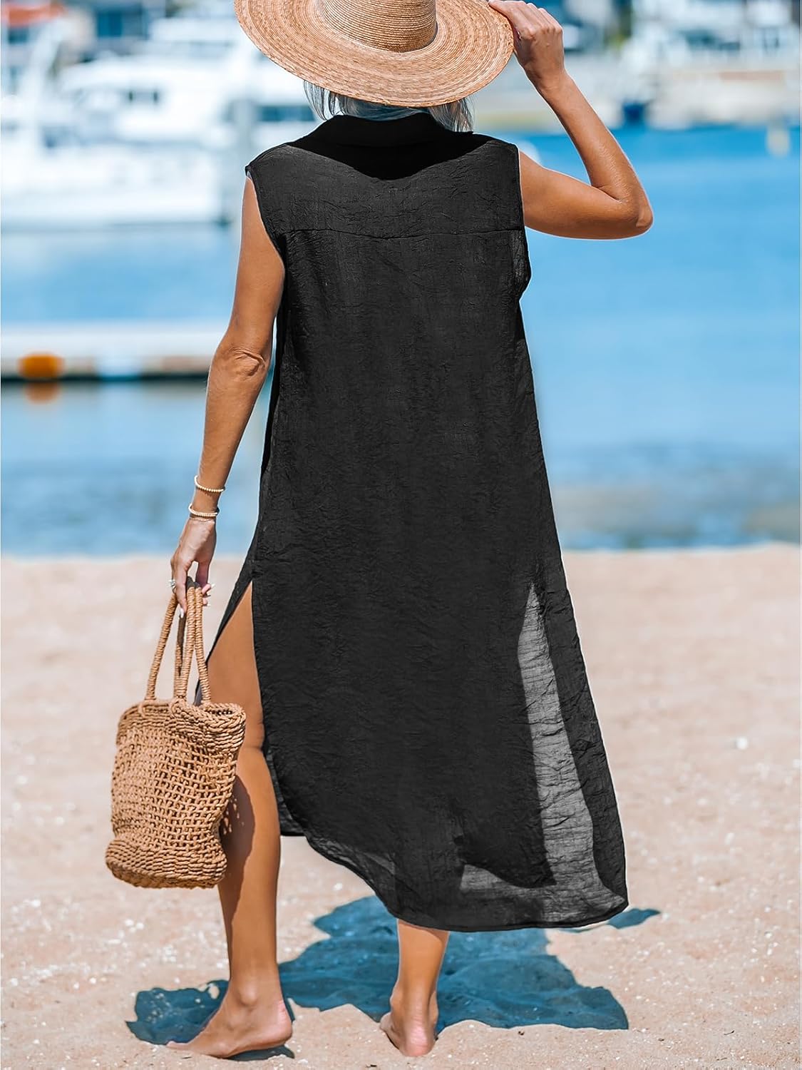 CUPSHE Women's Swimsuit Coverup Casual Sleeveless Side Split Long Cardigans V Neck Midi Beach Dress - 7DAY'S