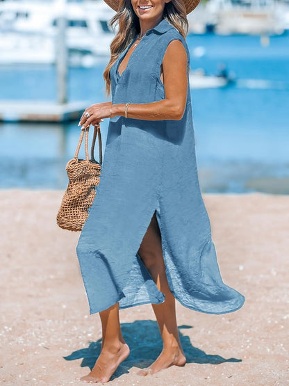 CUPSHE Women's Swimsuit Coverup Casual Sleeveless Side Split Long Cardigans V Neck Midi Beach Dress - 7DAY'S