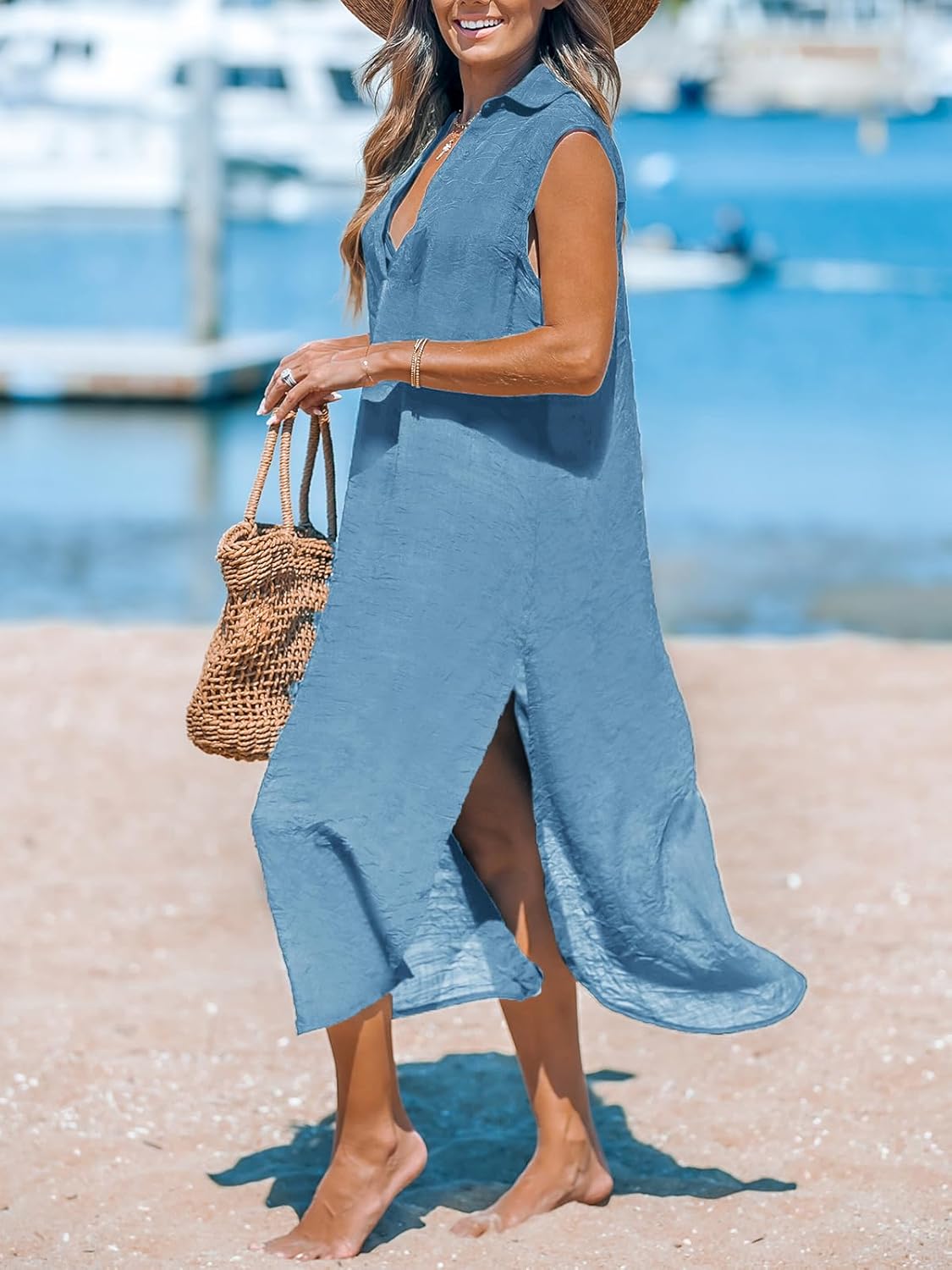 CUPSHE Women's Swimsuit Coverup Casual Sleeveless Side Split Long Cardigans V Neck Midi Beach Dress - 7DAY'S