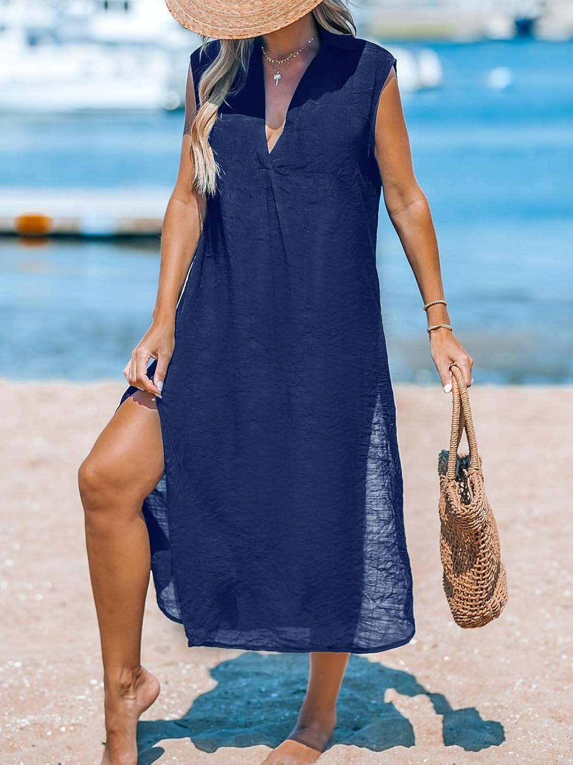 CUPSHE Women's Swimsuit Coverup Casual Sleeveless Side Split Long Cardigans V Neck Midi Beach Dress - 7DAY'S