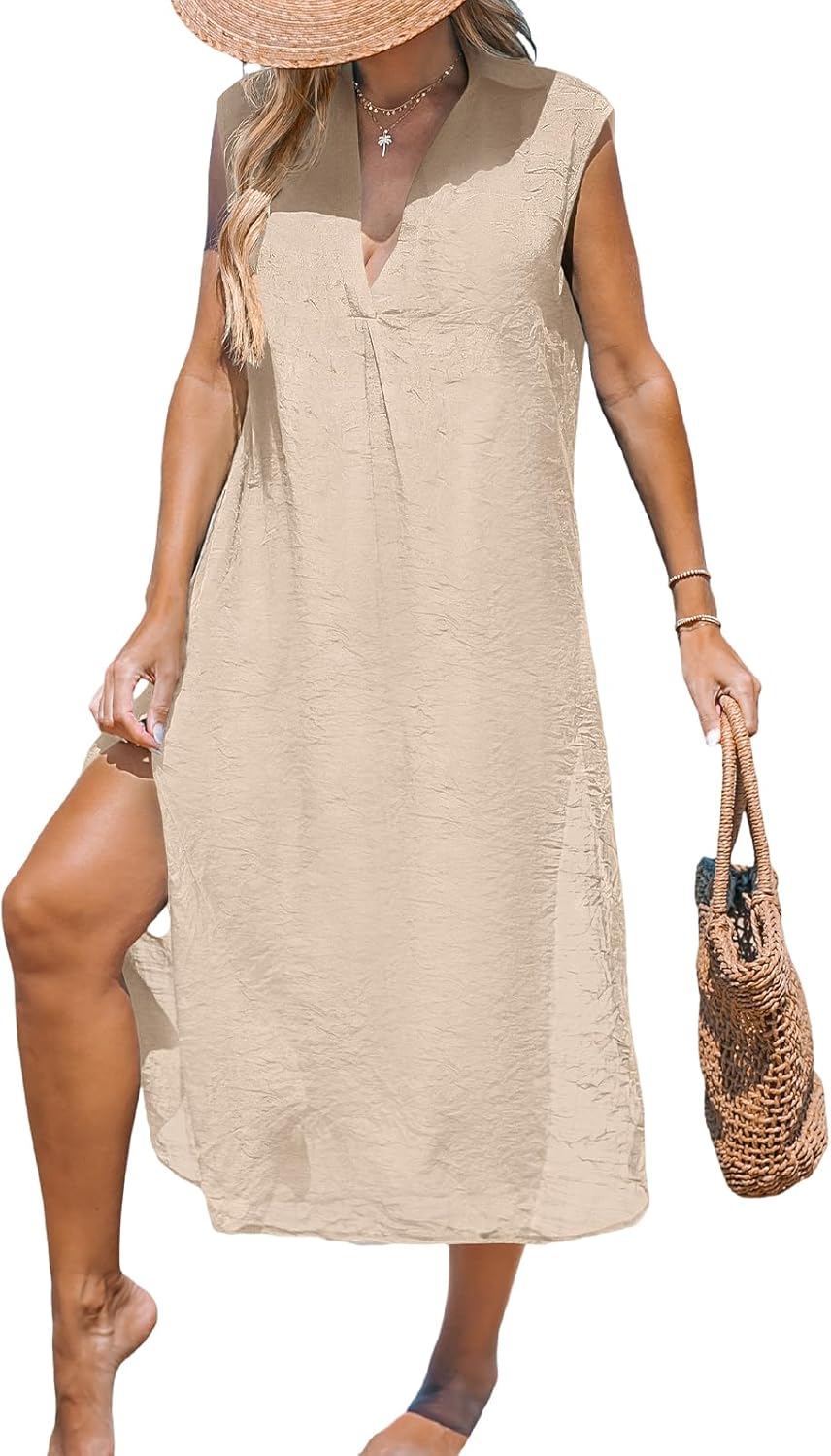 CUPSHE Women's Swimsuit Coverup Casual Sleeveless Side Split Long Cardigans V Neck Midi Beach Dress - 7DAY'S