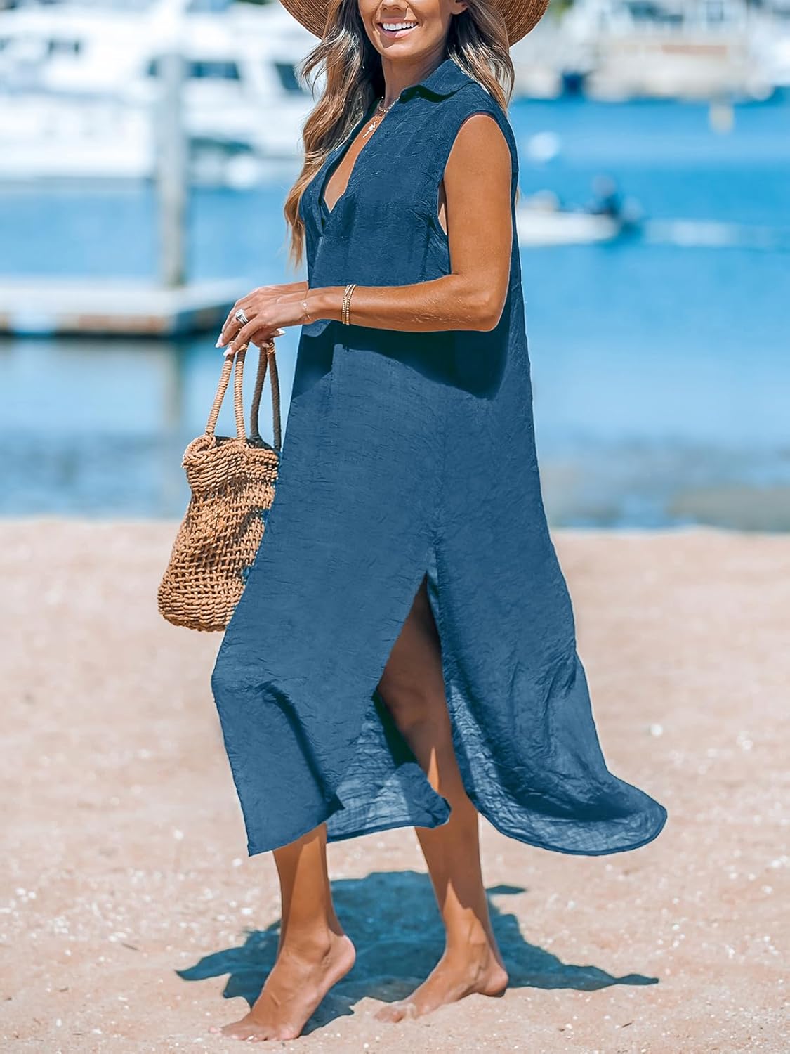 CUPSHE Women's Swimsuit Coverup Casual Sleeveless Side Split Long Cardigans V Neck Midi Beach Dress - 7DAY'S