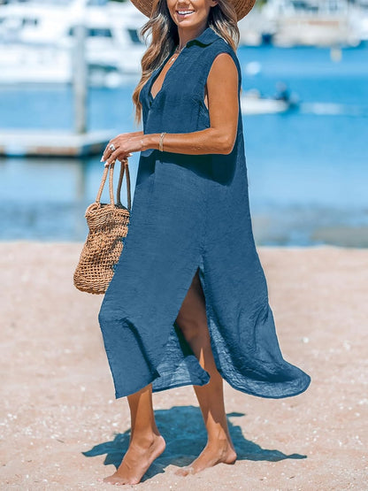 CUPSHE Women's Swimsuit Coverup Casual Sleeveless Side Split Long Cardigans V Neck Midi Beach Dress - 7DAY'S