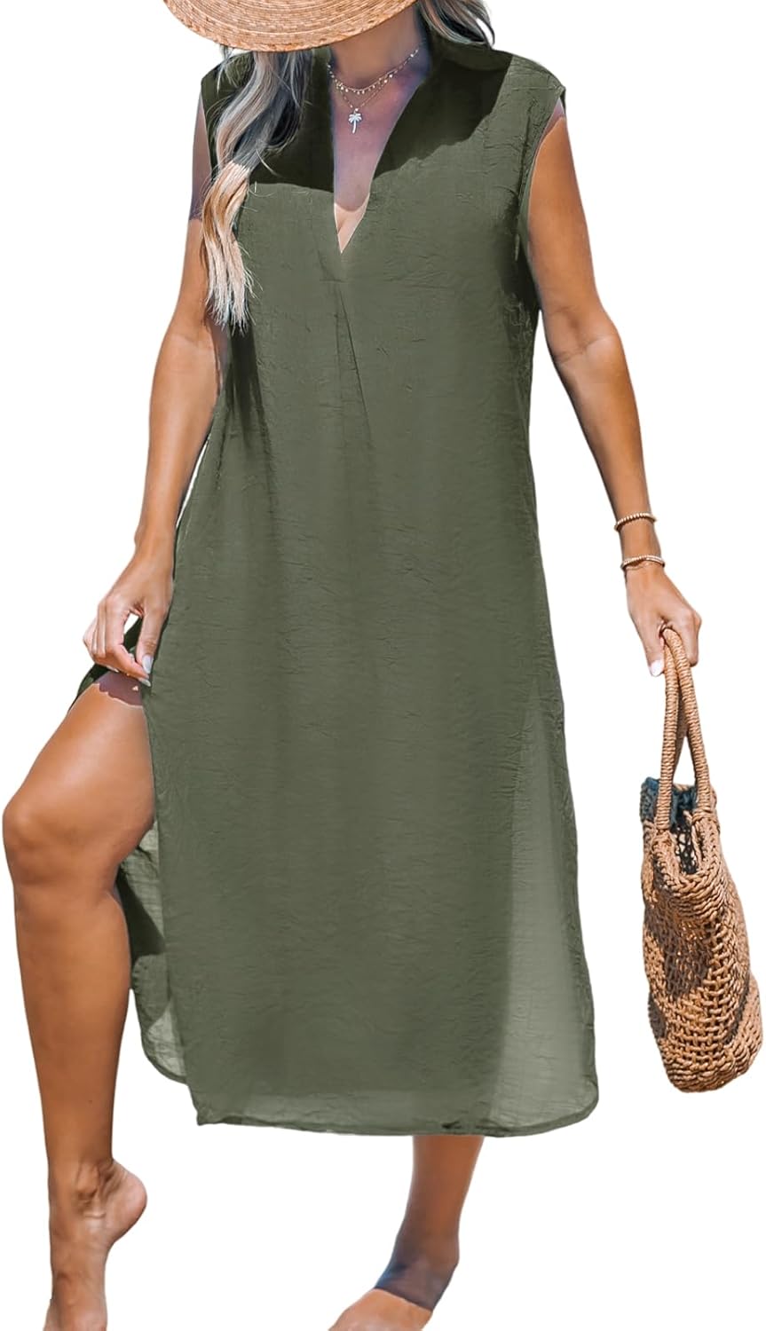 CUPSHE Women's Swimsuit Coverup Casual Sleeveless Side Split Long Cardigans V Neck Midi Beach Dress - 7DAY'S
