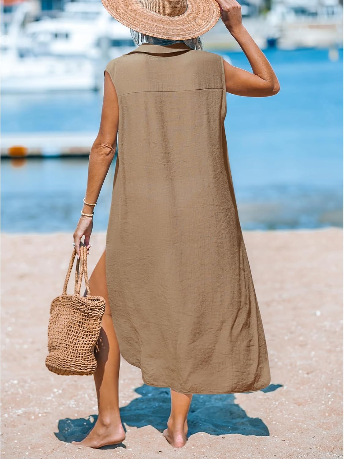 CUPSHE Women's Swimsuit Coverup Casual Sleeveless Side Split Long Cardigans V Neck Midi Beach Dress - 7DAY'S