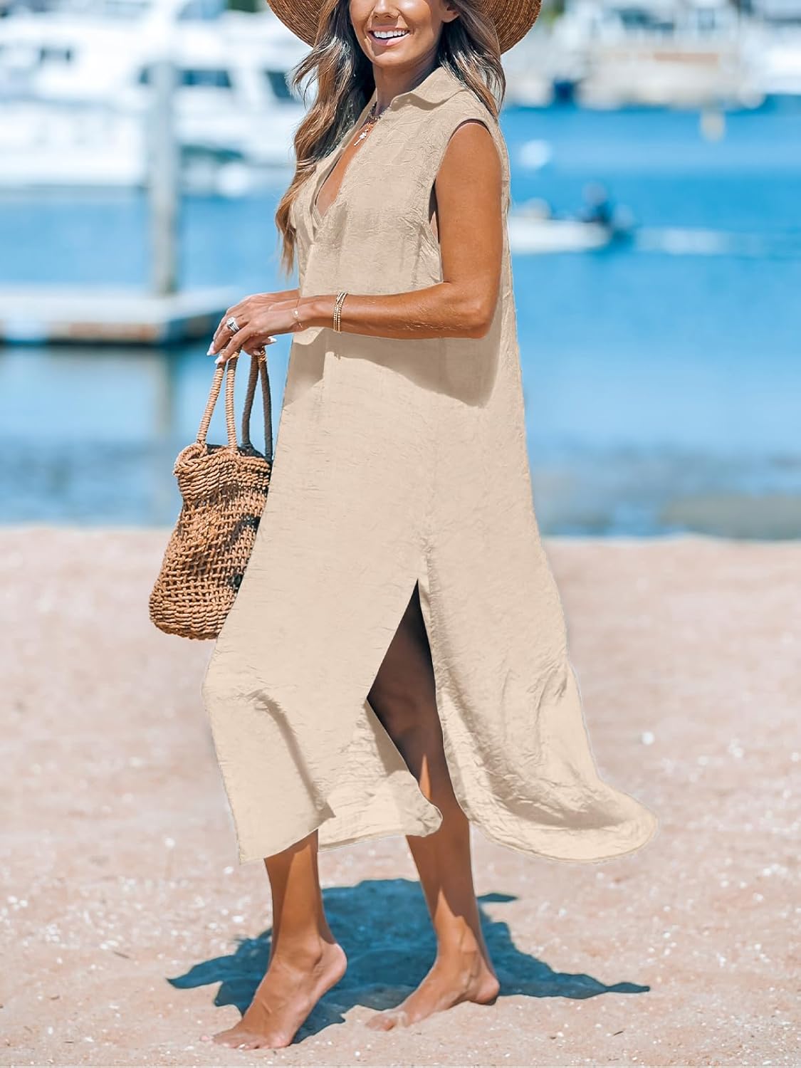 CUPSHE Women's Swimsuit Coverup Casual Sleeveless Side Split Long Cardigans V Neck Midi Beach Dress - 7DAY'S