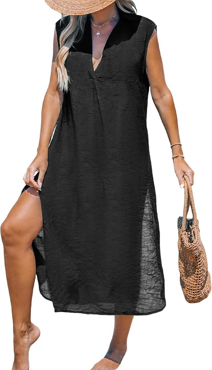 CUPSHE Women's Swimsuit Coverup Casual Sleeveless Side Split Long Cardigans V Neck Midi Beach Dress - 7DAY'S
