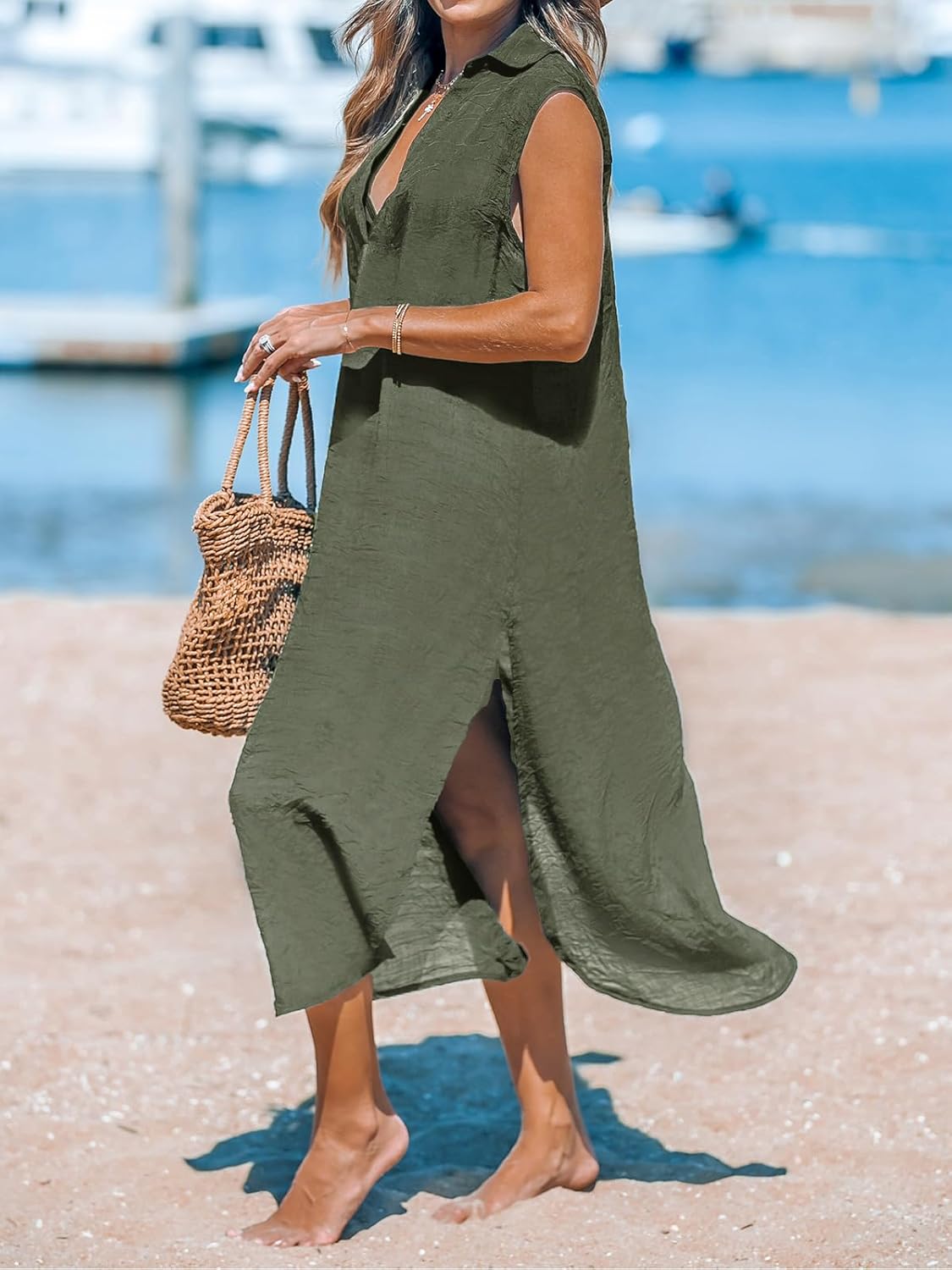CUPSHE Women's Swimsuit Coverup Casual Sleeveless Side Split Long Cardigans V Neck Midi Beach Dress - 7DAY'S