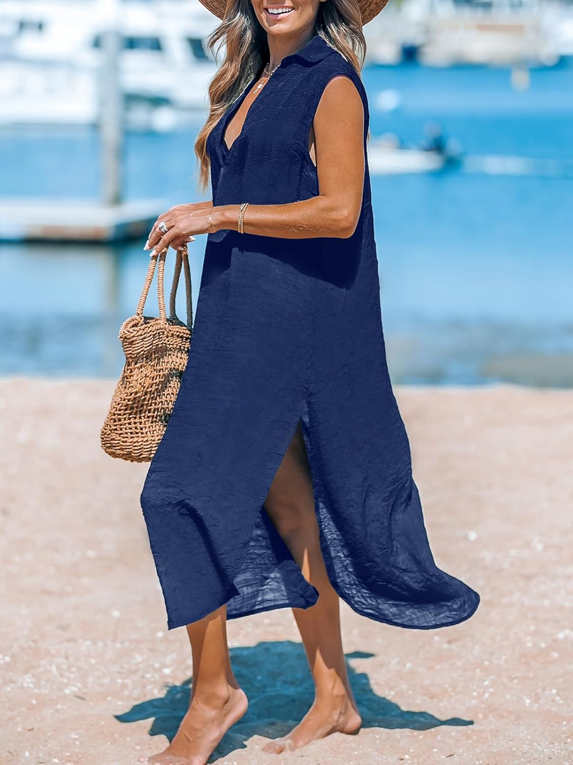 CUPSHE Women's Swimsuit Coverup Casual Sleeveless Side Split Long Cardigans V Neck Midi Beach Dress - 7DAY'S