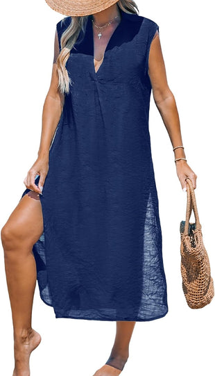 CUPSHE Women's Swimsuit Coverup Casual Sleeveless Side Split Long Cardigans V Neck Midi Beach Dress - 7DAY'S