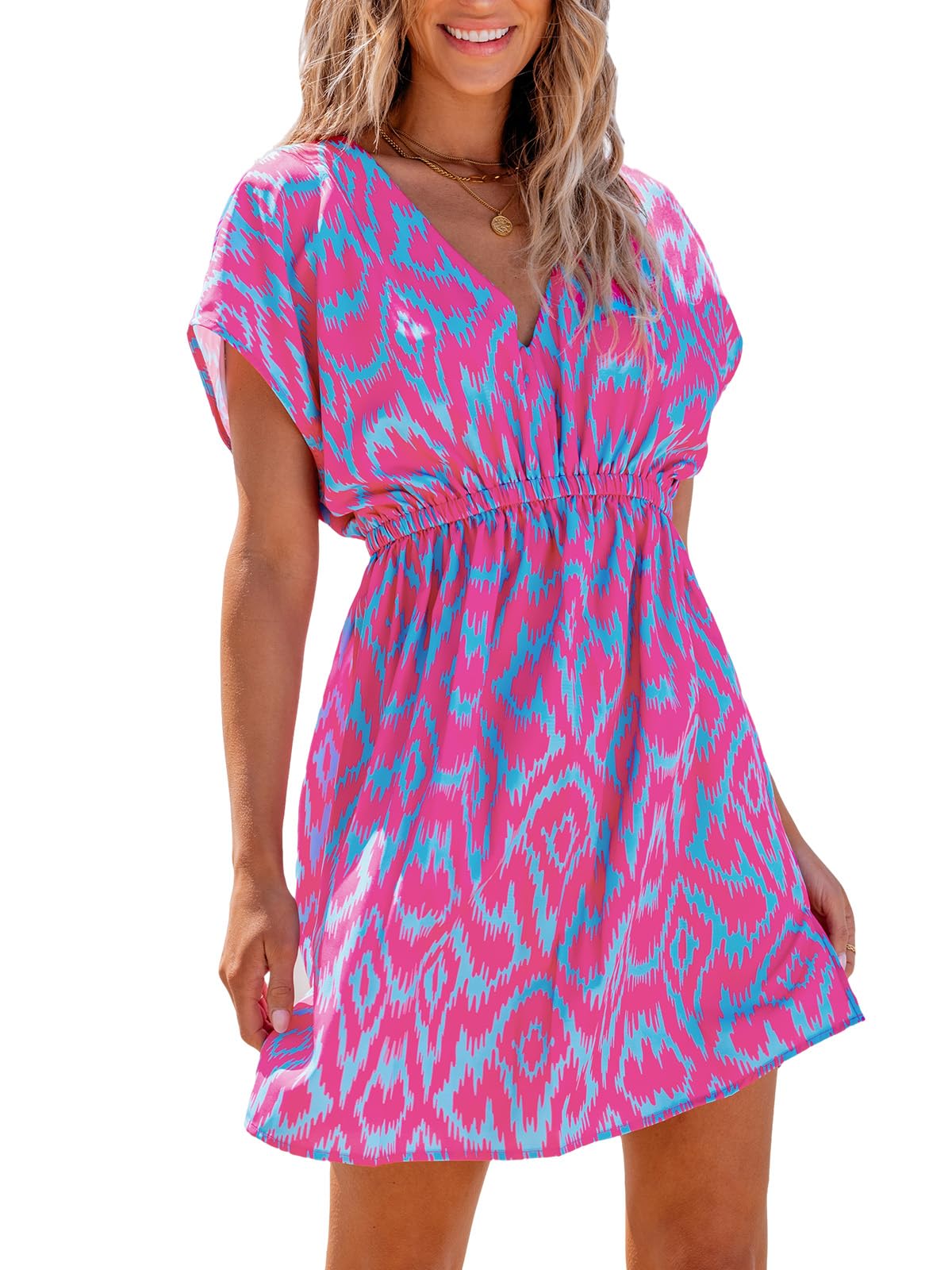 CUPSHE Women's Swimsuit Coverup Casual V Neck Beach Dress Short Sleeve Elastic Waist Swimwear Cover Ups 2025 Beachwear - 7DAY'S