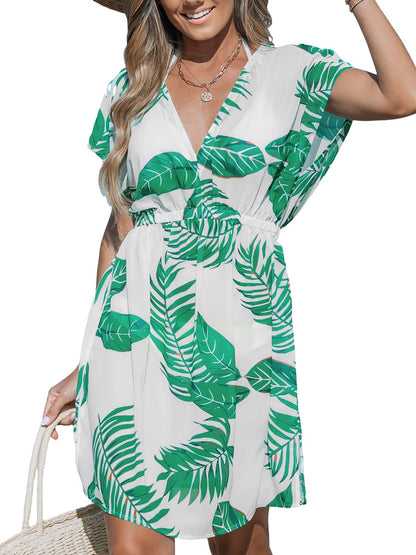 CUPSHE Women's Swimsuit Coverup Casual V Neck Beach Dress Short Sleeve Elastic Waist Swimwear Cover Ups 2025 Beachwear - 7DAY'S