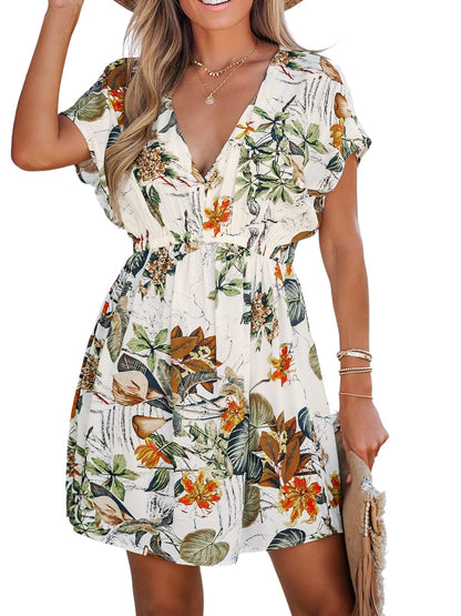 CUPSHE Women's Swimsuit Coverup Casual V Neck Beach Dress Short Sleeve Elastic Waist Swimwear Cover Ups 2025 Beachwear - 7DAY'S