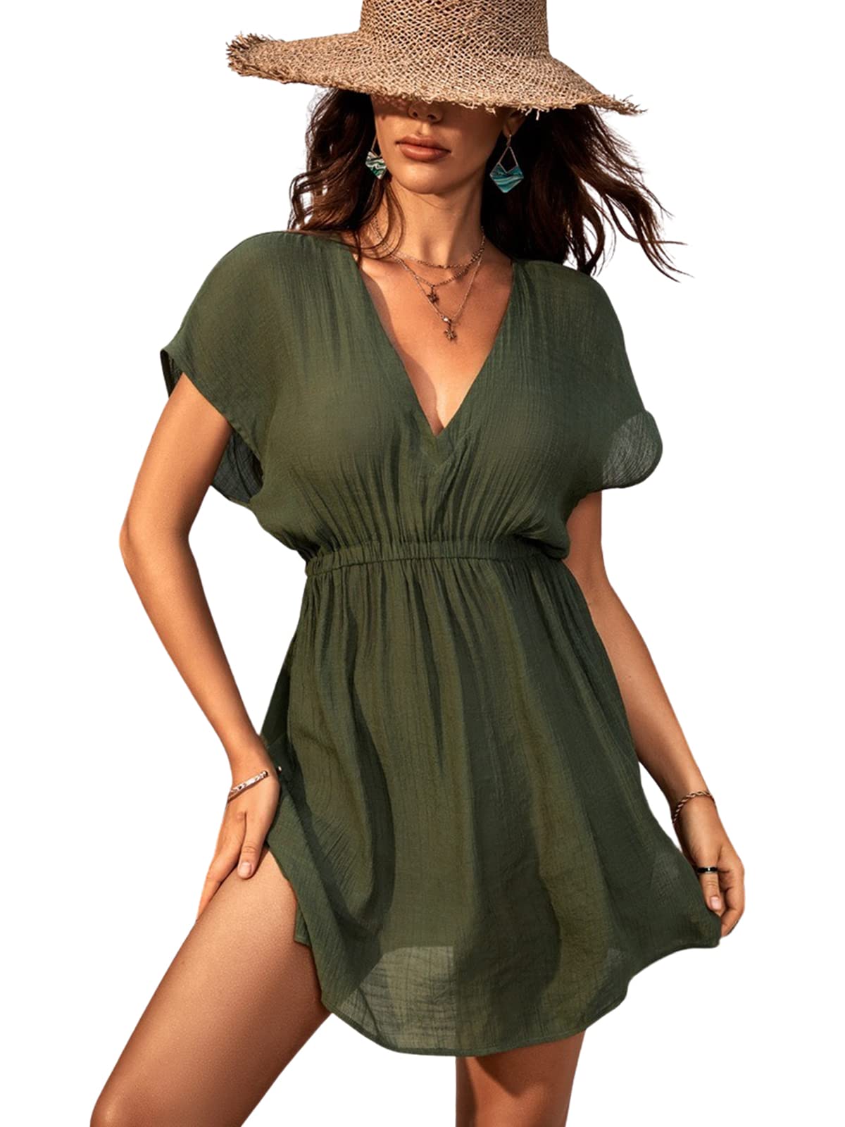 CUPSHE Women's Swimsuit Coverup Casual V Neck Beach Dress Short Sleeve Elastic Waist Swimwear Cover Ups 2025 Beachwear - 7DAY'S