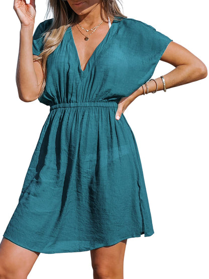 CUPSHE Women's Swimsuit Coverup Casual V Neck Beach Dress Short Sleeve Elastic Waist Swimwear Cover Ups 2025 Beachwear - 7DAY'S