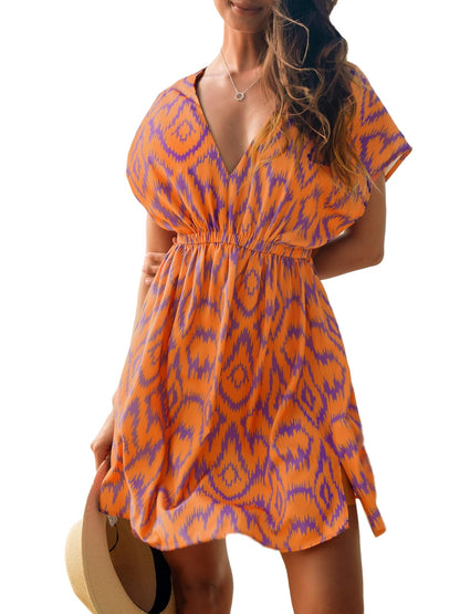CUPSHE Women's Swimsuit Coverup Casual V Neck Beach Dress Short Sleeve Elastic Waist Swimwear Cover Ups 2025 Beachwear - 7DAY'S