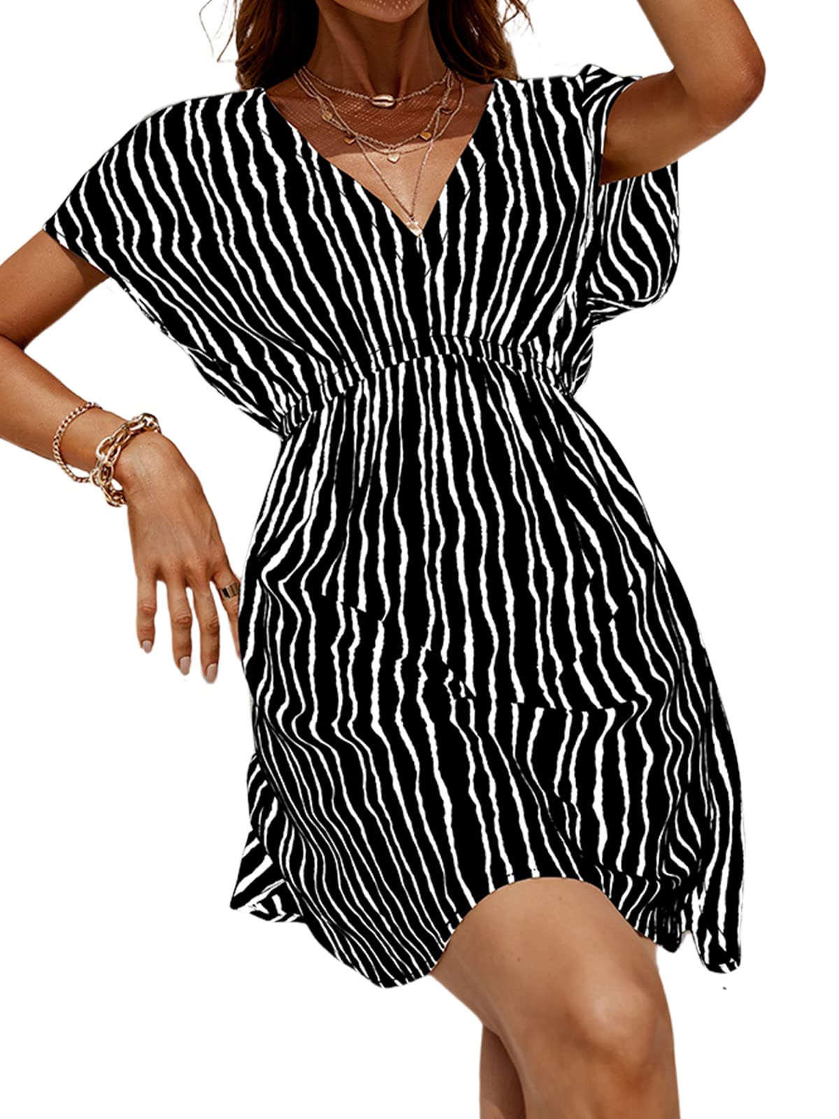 CUPSHE Women's Swimsuit Coverup Casual V Neck Beach Dress Short Sleeve Elastic Waist Swimwear Cover Ups 2025 Beachwear - 7DAY'S