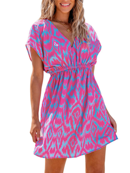 CUPSHE Women's Swimsuit Coverup Casual V Neck Beach Dress Short Sleeve Elastic Waist Swimwear Cover Ups 2025 Beachwear - 7DAY'S