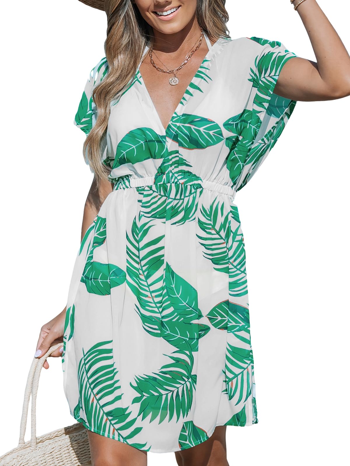 CUPSHE Women's Swimsuit Coverup Casual V Neck Beach Dress Short Sleeve Elastic Waist Swimwear Cover Ups 2025 Beachwear - 7DAY'S