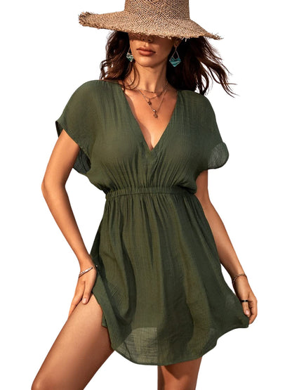 CUPSHE Women's Swimsuit Coverup Casual V Neck Beach Dress Short Sleeve Elastic Waist Swimwear Cover Ups 2025 Beachwear - 7DAY'S