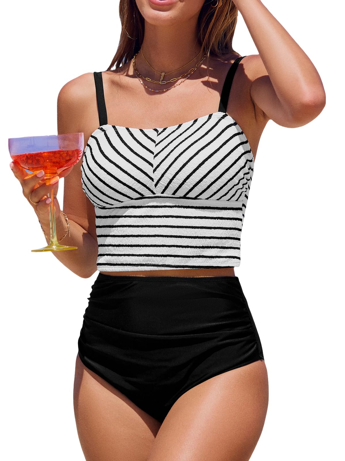 CUPSHE Women's Tankini Sets Square Neck Elastic High Waisted Two Piece Bathing Suits Adjustable Straps Swimwear - 7DAY'S