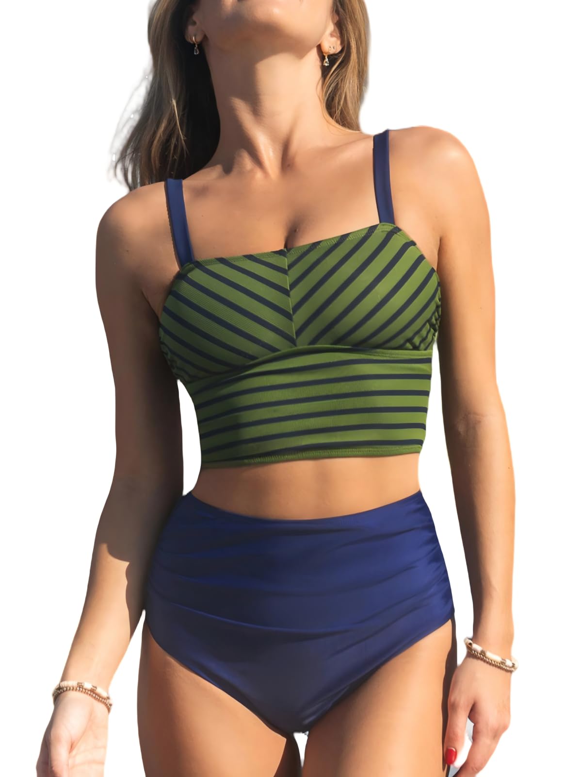CUPSHE Women's Tankini Sets Square Neck Elastic High Waisted Two Piece Bathing Suits Adjustable Straps Swimwear - 7DAY'S