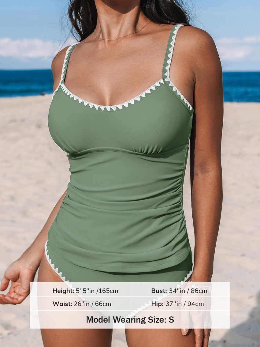 CUPSHE Women's Tankini Sets Two Piece Swimsuit Scoop Neck Mid Rise Adjustable Straps Shell Stitched (XS - 4XL) - 7DAY'S