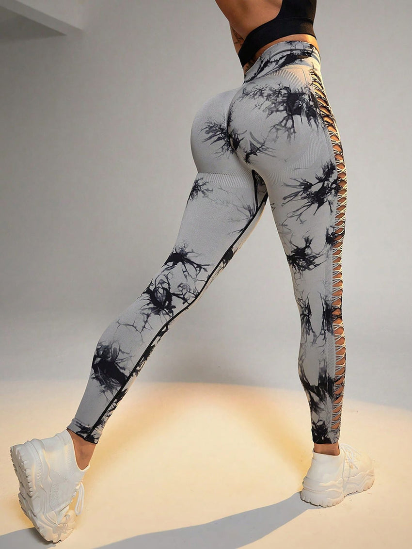 Cut Out Side Hollow Tie Dyed Yoga Pants, High Waist And Hip Lifting Fitness Pants With Side Hollow Seamless Sports Tights, Workout Gym Yoga Pants Scrunch Butt Lift Tights - 7DAY'S