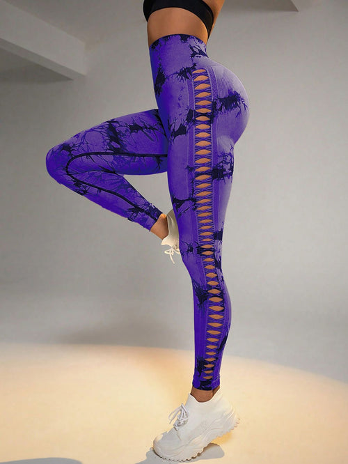 Cut Out Side Hollow Tie Dyed Yoga Pants, High Waist And Hip Lifting Fitness Pants With Side Hollow Seamless Sports Tights, Workout Gym Yoga Pants Scrunch Butt Lift Tights - 7DAY'S