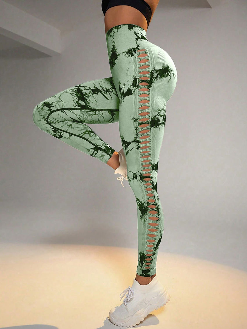 Cut Out Side Hollow Tie Dyed Yoga Pants, High Waist And Hip Lifting Fitness Pants With Side Hollow Seamless Sports Tights, Workout Gym Yoga Pants Scrunch Butt Lift Tights - 7DAY'S