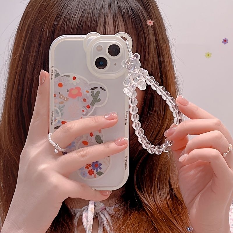 Cute Cartoon 3D 3D Bear Ear Flower Transparent Hang Phone Chain Silicone Case For Iphone 13 11 14 Pro Max 12 XR X XS 7 8 Plus SE2020 2022 SE MiNi Protective Clear Soft Back Cover - 7DAY'S