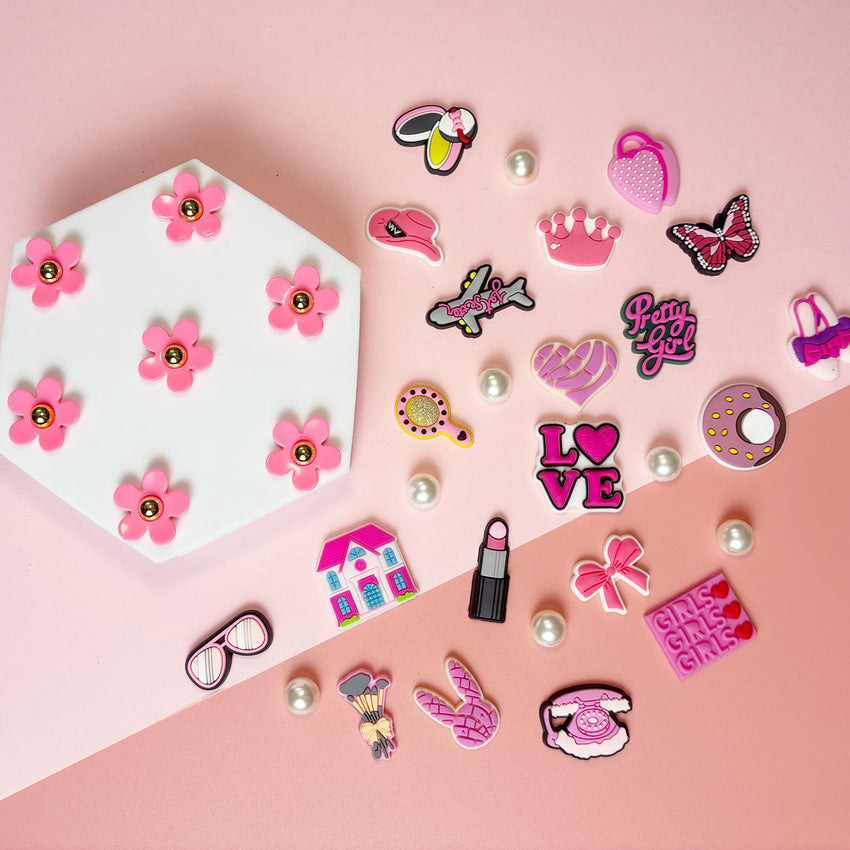 Cute Flower Shoe Charms for Girls, 34Pcs Pink Hippie PVC Shoe Decoration Charms for Clog Sandals, DIY Pearl Accessories for Party Favor - 7DAY'S