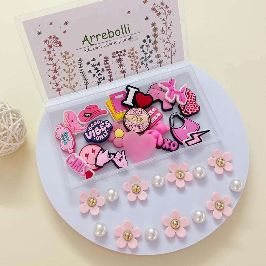 Cute Flower Shoe Charms for Girls, 34Pcs Pink Hippie PVC Shoe Decoration Charms for Clog Sandals, DIY Pearl Accessories for Party Favor - 7DAY'S