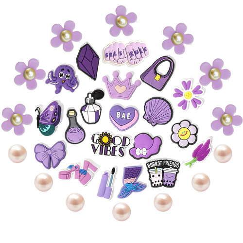 Cute Flower Shoe Charms for Girls, 34Pcs Pink Hippie PVC Shoe Decoration Charms for Clog Sandals, DIY Pearl Accessories for Party Favor - 7DAY'S