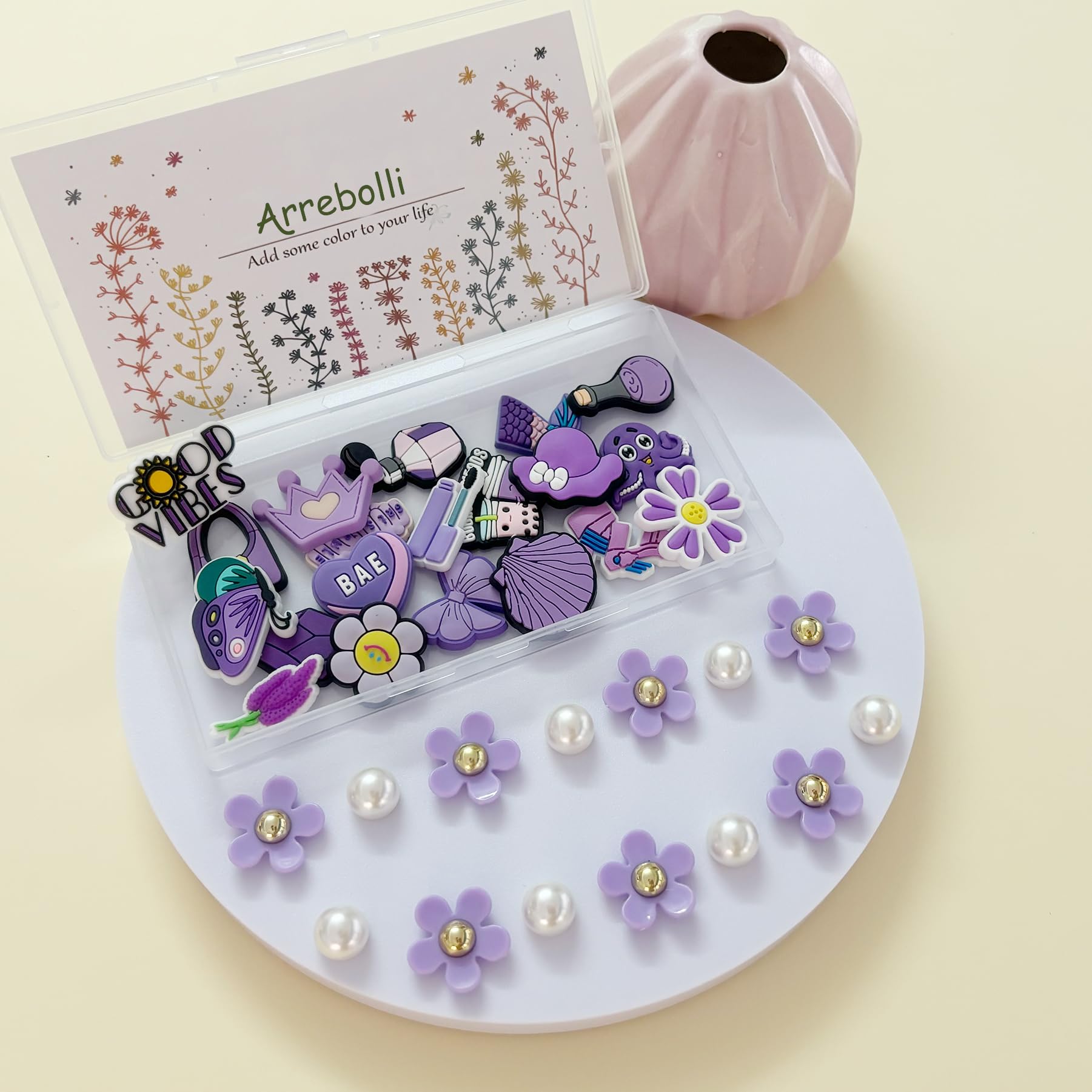 Cute Flower Shoe Charms for Girls, 34Pcs Pink Hippie PVC Shoe Decoration Charms for Clog Sandals, DIY Pearl Accessories for Party Favor - 7DAY'S