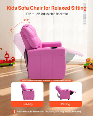 VEVOR Kids Reclining Chair, Toddler Recliner with Cup Holder, 101° to 121° Adjustable Backrest, Easy-to-Clean PU Leather Recliner Couch with Footrest, 90 lbs Load, for Boys & Girls, Children (Pink)