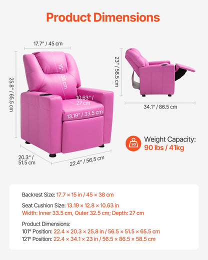 VEVOR Kids Reclining Chair, Toddler Recliner with Cup Holder, 101° to 121° Adjustable Backrest, Easy-to-Clean PU Leather Recliner Couch with Footrest, 90 lbs Load, for Boys & Girls, Children (Pink)