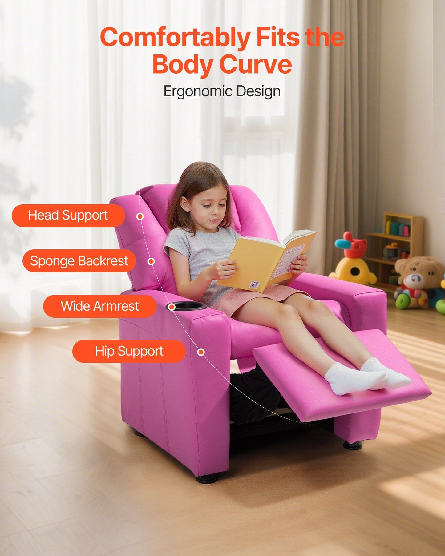 VEVOR Kids Reclining Chair, Toddler Recliner with Cup Holder, 101° to 121° Adjustable Backrest, Easy-to-Clean PU Leather Recliner Couch with Footrest, 90 lbs Load, for Boys & Girls, Children (Pink)