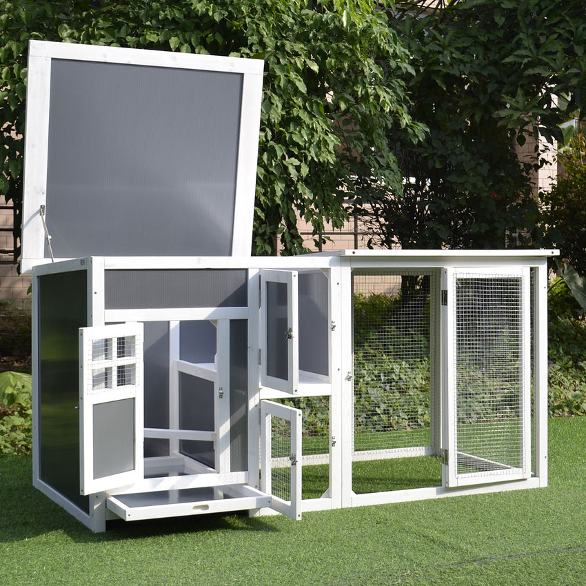 63" Chicken Coop Wooden Chicken House, Rabbit Hutch Poultry Cage Hen Pen with PC Roof & Run Box for Backyard, Gray/White