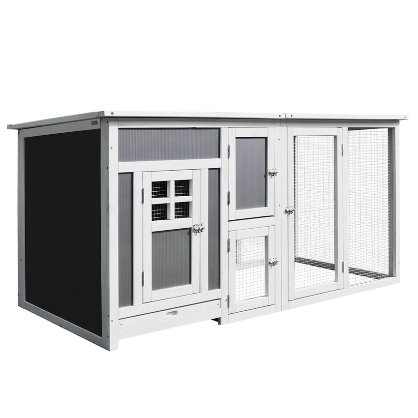 63" Chicken Coop Wooden Chicken House, Rabbit Hutch Poultry Cage Hen Pen with PC Roof & Run Box for Backyard, Gray/White