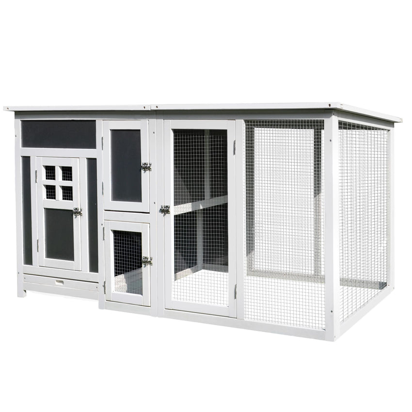 63" Chicken Coop Wooden Chicken House, Rabbit Hutch Poultry Cage Hen Pen with PC Roof & Run Box for Backyard, Gray/White