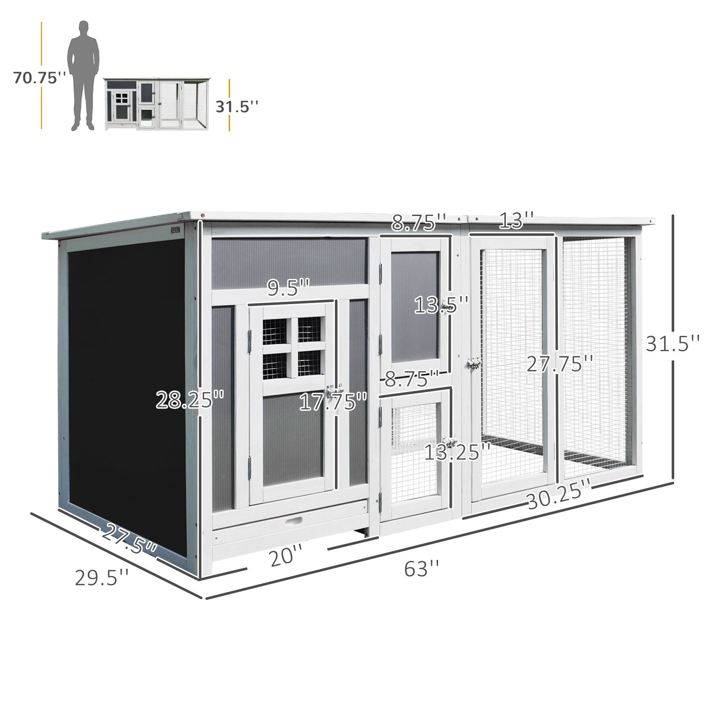 63" Chicken Coop Wooden Chicken House, Rabbit Hutch Poultry Cage Hen Pen with PC Roof & Run Box for Backyard, Gray/White