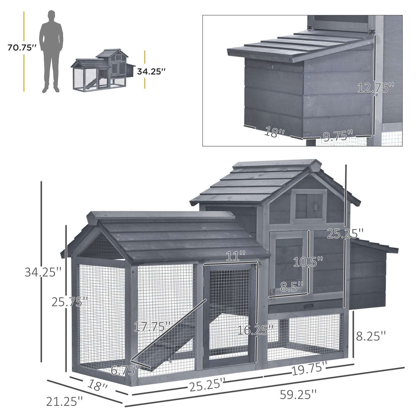Chicken Coop Kit 59 Outdoor Solid Wood Enclosed House Ventilation Gray
