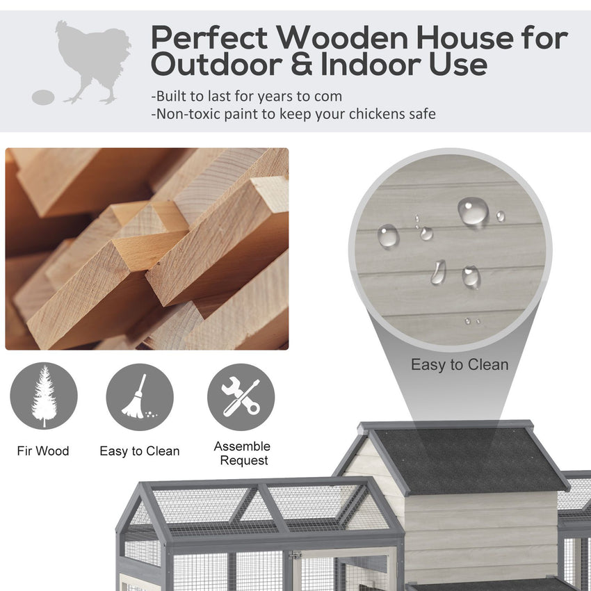 Large Chicken Coop Wooden Poultry Hen House Rabbit Hutch Backyard with Double Run Nesting Box Gray