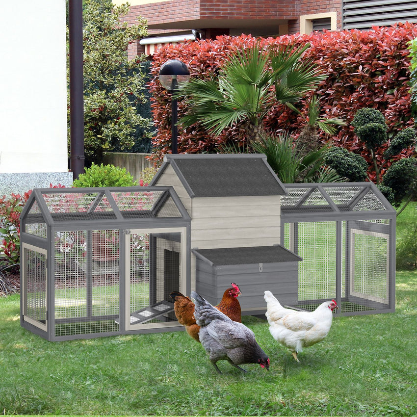 Large Chicken Coop Wooden Poultry Hen House Rabbit Hutch Backyard with Double Run Nesting Box Gray