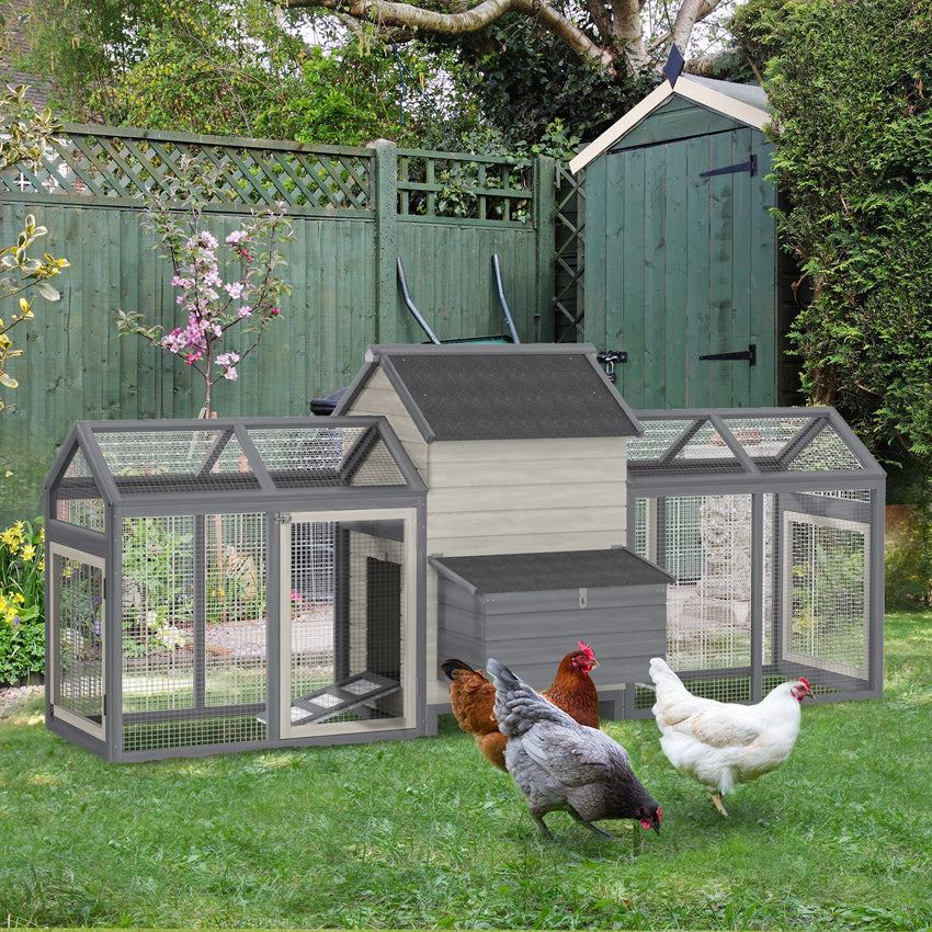 Large Chicken Coop Wooden Poultry Hen House Rabbit Hutch Backyard with Double Run Nesting Box Gray